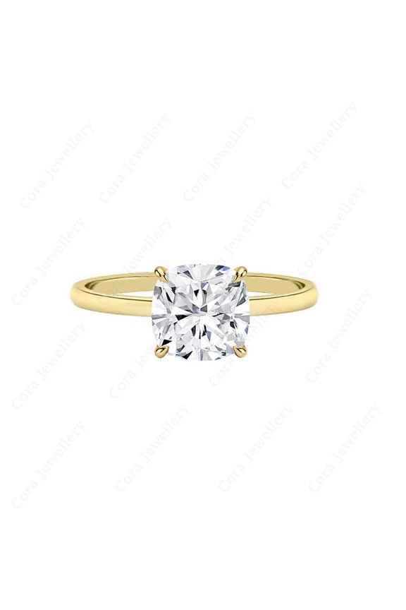 2CT Cushion Moissanite Simple Solitaire Engagement Ring For Women, 10K Yellow Gold