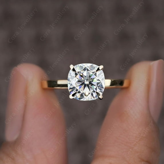 Cora Jewellery 2CT Cushion Moissanite Bridge Diamond Solitaire Engagement Ring For Women, 10K Yellow Gold