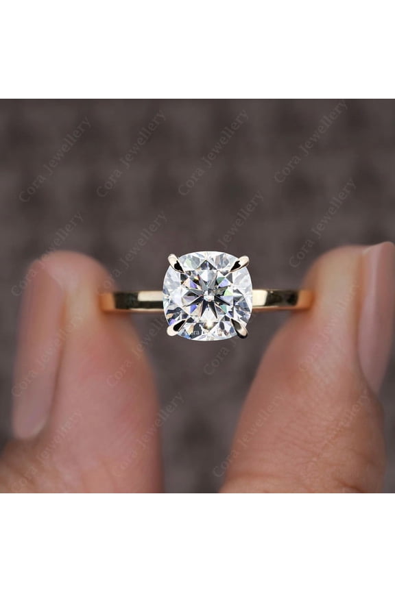 2CT Cushion Moissanite Bridge Diamond Solitaire Engagement Ring For Women, 10K Yellow Gold