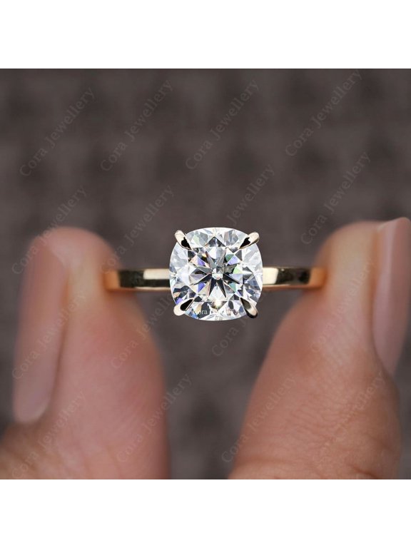 2CT Cushion Moissanite Solitaire Engagement Ring For Women, 10K Yellow Gold