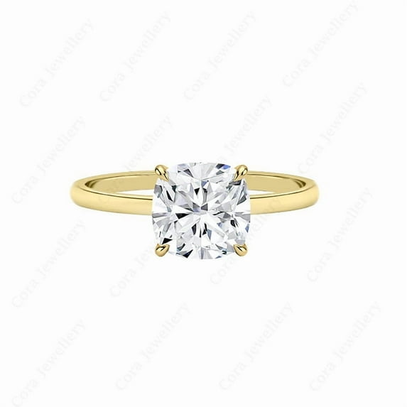 Cora Jewellery 2CT Hidden Halo Cushion Moissanite Engagement Ring For Women, 14K Yellow Gold