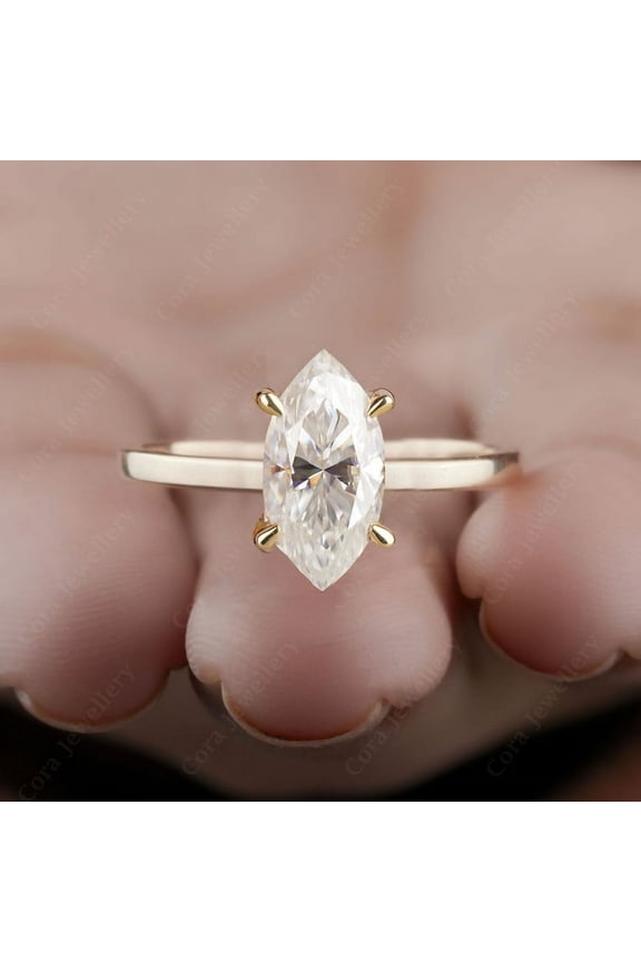 2CT Marquise Moissanite Bridge Diamond Solitaire Engagement Ring For Women, 10K Yellow Gold