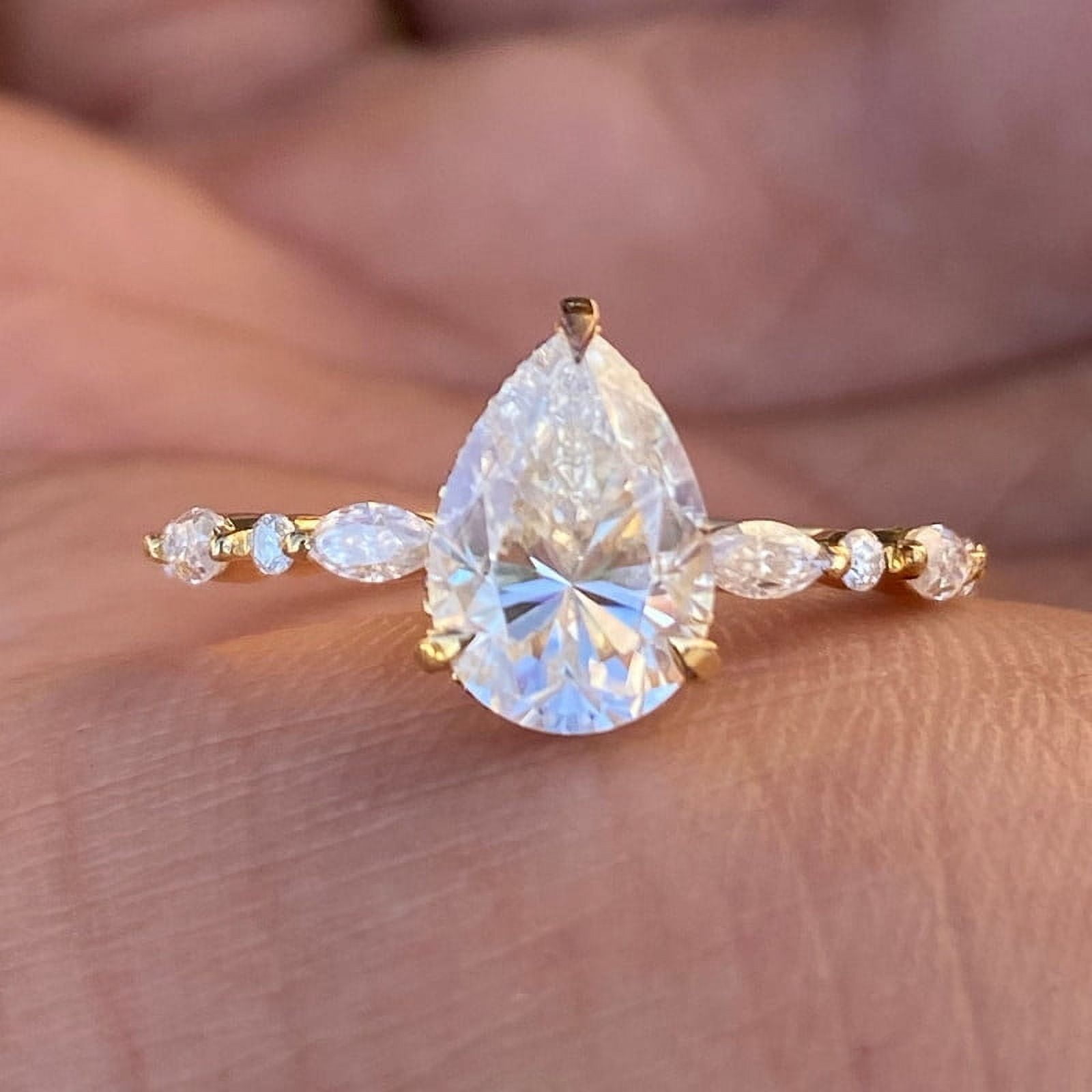 Cora Jewellery 2CT Pear Moissanite Hidden Halo Engagement Ring For Women, 10K Yellow Gold