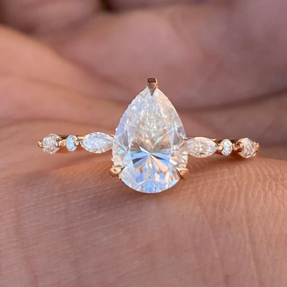 Cora Jewellery 2CT Pear Moissanite Hidden Halo Engagement Ring For Women, 18K Rose Gold