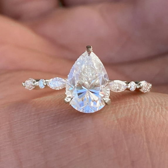 Cora Jewellery 2CT Pear Moissanite Hidden Halo Engagement Ring For Women, 18K White Gold