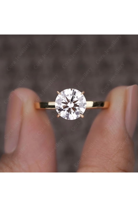 2CT Round Moissanite Simple Solitaire Engagement Ring For Women, 10K Yellow Gold