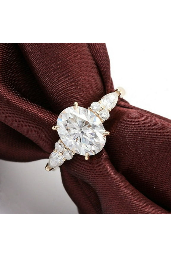 2TCW Oval Moissanite Engagement Ring For Women With Side Pear, 14K Yellow Gold