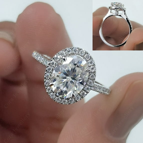Cora Jewellery 2TCW Oval Moissanite Halo Engagemet Ring For Women, 14K White Gold, 5 US
