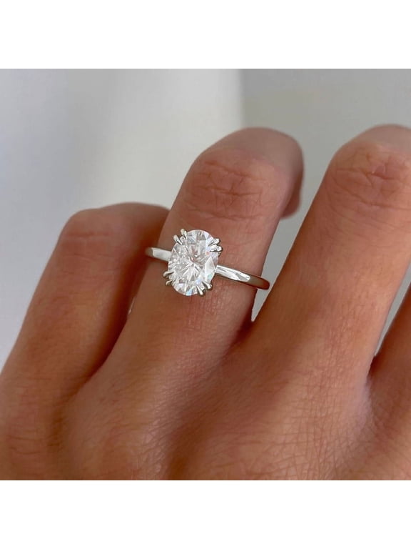 3CT Double Prong Oval Moissanite Hidden Halo Engagement Ring For Women, 10K White Gold