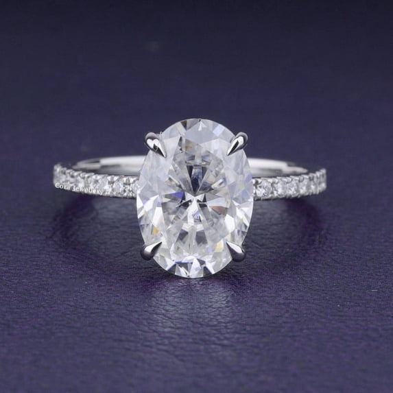 Cora Jewellery 3CT Hidden Halo Oval Moissanite Diamond Engagement Ring For Women, 14K White Gold Plating Over Silver, D Color VVS1 Clarity