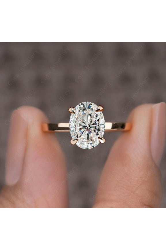 3CT Oval Moissanite Bridge Diamond Hidden Halo Engagement Ring For Women, 14K Rose Gold
