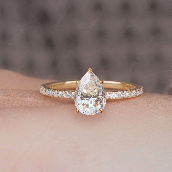 Cora Jewellery 3CT Pear Moissanite Solitaire Engagement Ring For Women, 14K Yellow Gold