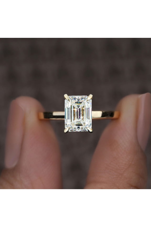 4CT Cathedral Setting Emerald Moissanite Solitaire Engagement Ring For Women, 18K Yellow Gold