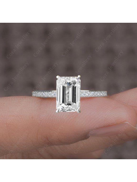 4CT Emerald Moissanite Simple Solitaire Engagement Ring For Women, 10K White Gold