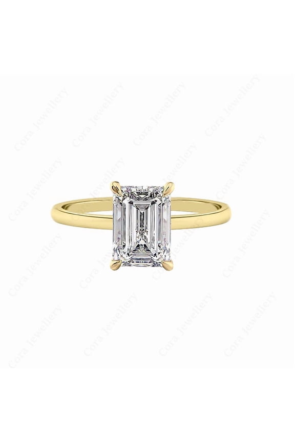 4CT Emerald Moissanite Simple Solitaire Engagement Ring For Women, 10K Yellow Gold