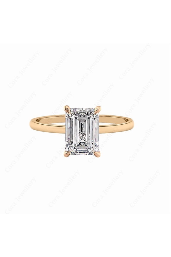 4CT Emerald Moissanite Simple Solitaire Engagement Ring For Women, 14K Rose Gold