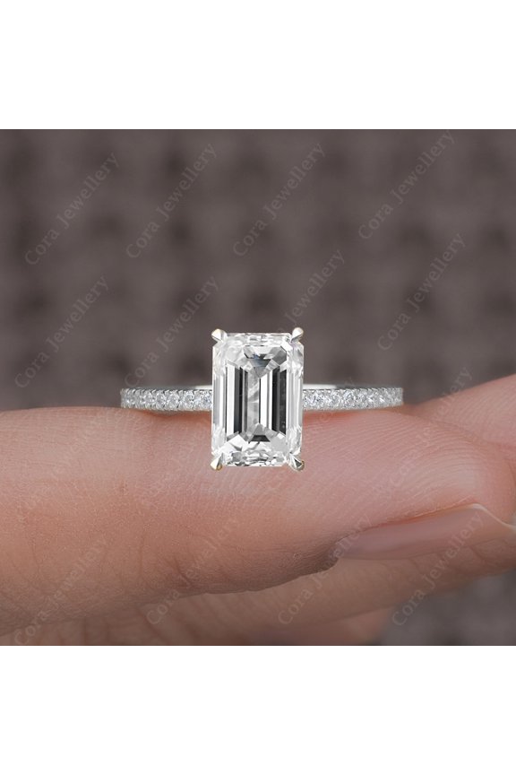 4CT Emerald Moissanite Simple Solitaire Engagement Ring For Women, 18K White Gold