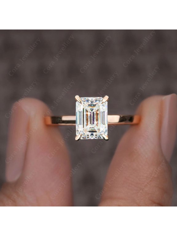 4CT Emerald Moissanite Bridge Diamond Solitaire Engagement Ring For Women, 10K Rose Gold