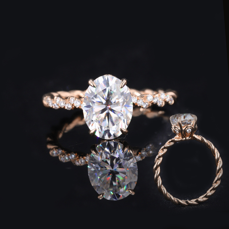 Cora Jewellery 9x7MM Oval Moissanite Engagement Ring For Women With Twisted Diamond Shank, 10K Rose Gold