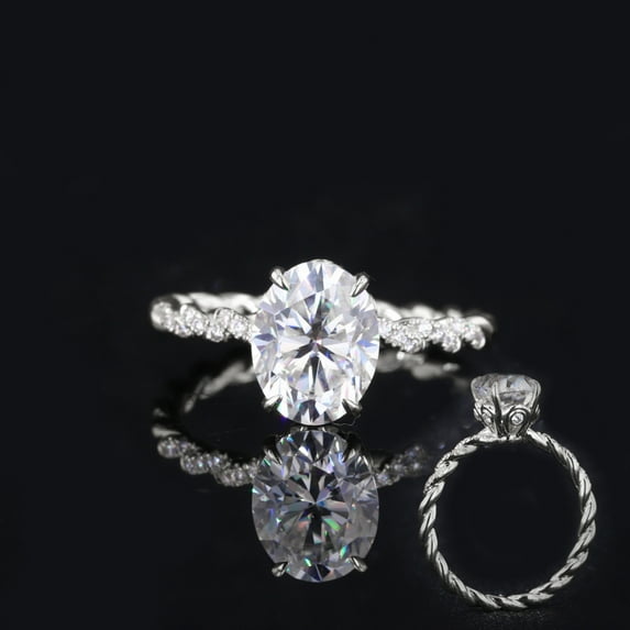 Cora Jewellery 9x7MM Oval Moissanite Engagement Ring For Women With Twisted Diamond Shank, 10K White Gold