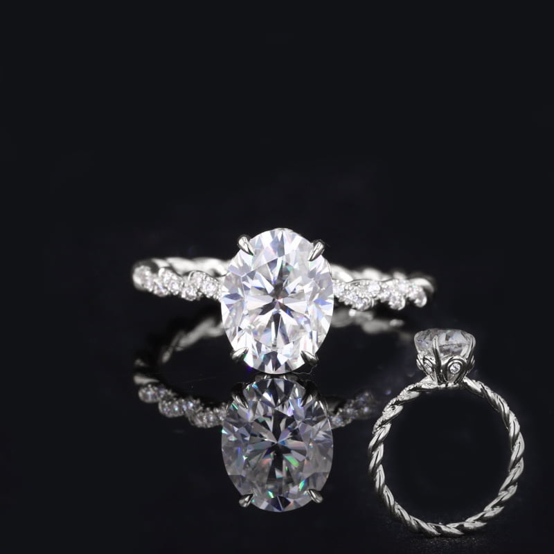 Cora Jewellery 9x7MM Oval Moissanite Engagement Ring For Women With Twisted Diamond Shank, 14K White Gold