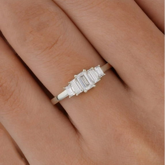 Cora Jewellery Art Deco 5 Stone Baguette Moissanite Engagement Ring For Women, 10K White Gold