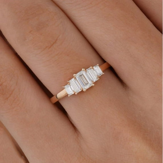 Cora Jewellery Art Deco 5 Stone Baguette Moissanite Engagement Ring For Women, 18K Rose Gold