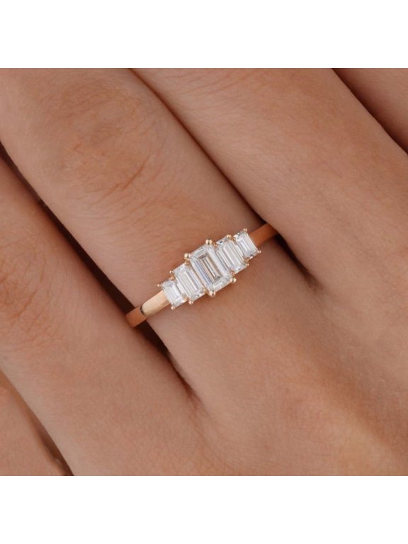 Art Deco 5 Stone Baguette Moissanite Engagement Ring For Women, 18K Rose Gold