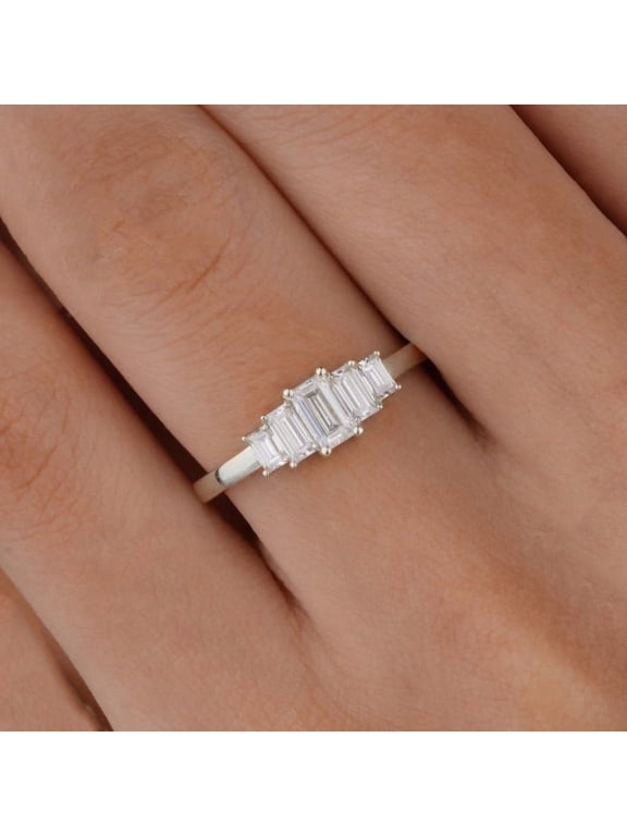 Art Deco 5 Stone Baguette Moissanite Engagement Ring For Women, 18K White Gold
