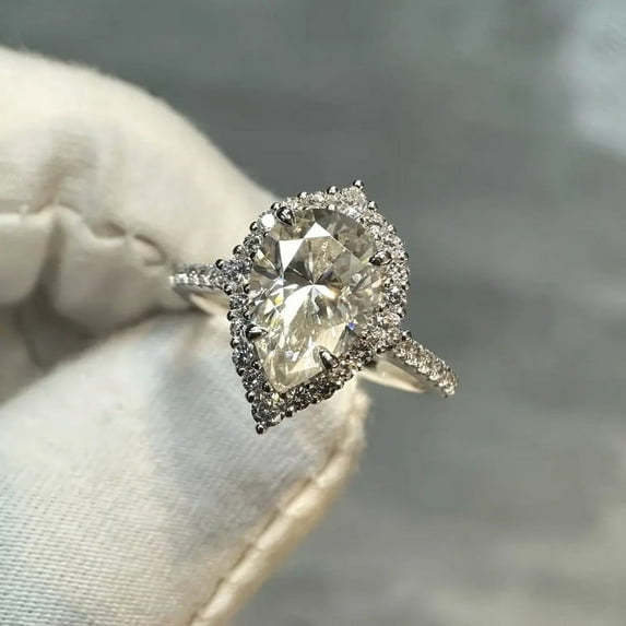 Cora Jewellery Art Deco Pear Moissanite Halo Engagement Ring For Women, 10K Yellow Gold