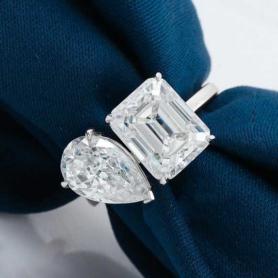 Cora Jewellery Emerald and Pear Cut 2 Stone Toi et Moi Moissanite Engagement Ring For Women, 10K White Gold