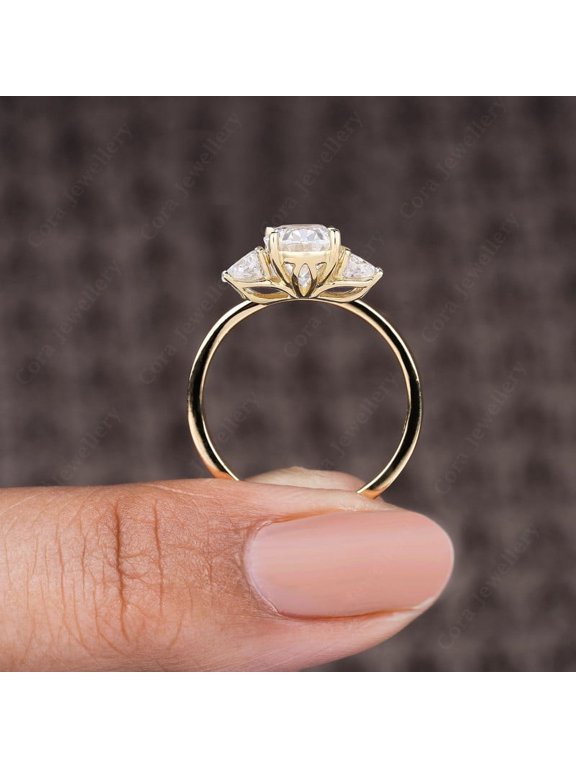 Tulip Setting Three Stone Oval Moissanite Engagement Ring for Women, 10K Yellow Gold