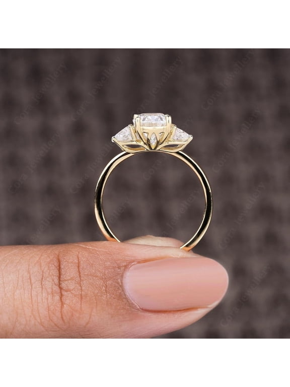 Tulip Setting Three Stone Oval Moissanite Engagement Ring for Women, 10K Yellow Gold