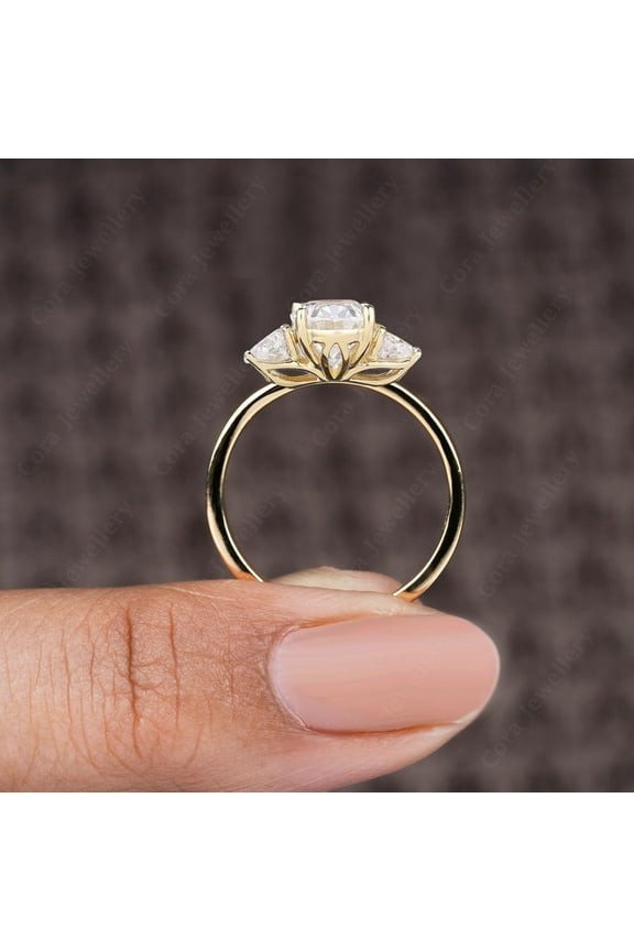 Tulip Setting Three Stone Oval Moissanite Engagement Ring for Women, 14K Yellow Gold