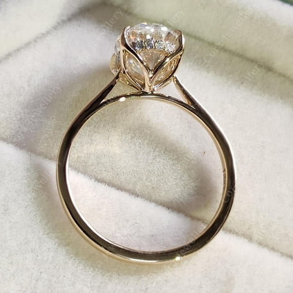 Cora Jewellery Vintage Tulip Setting Oval Moissanite Hidden Halo Engagement Ring For Women, 14K Yellow Gold