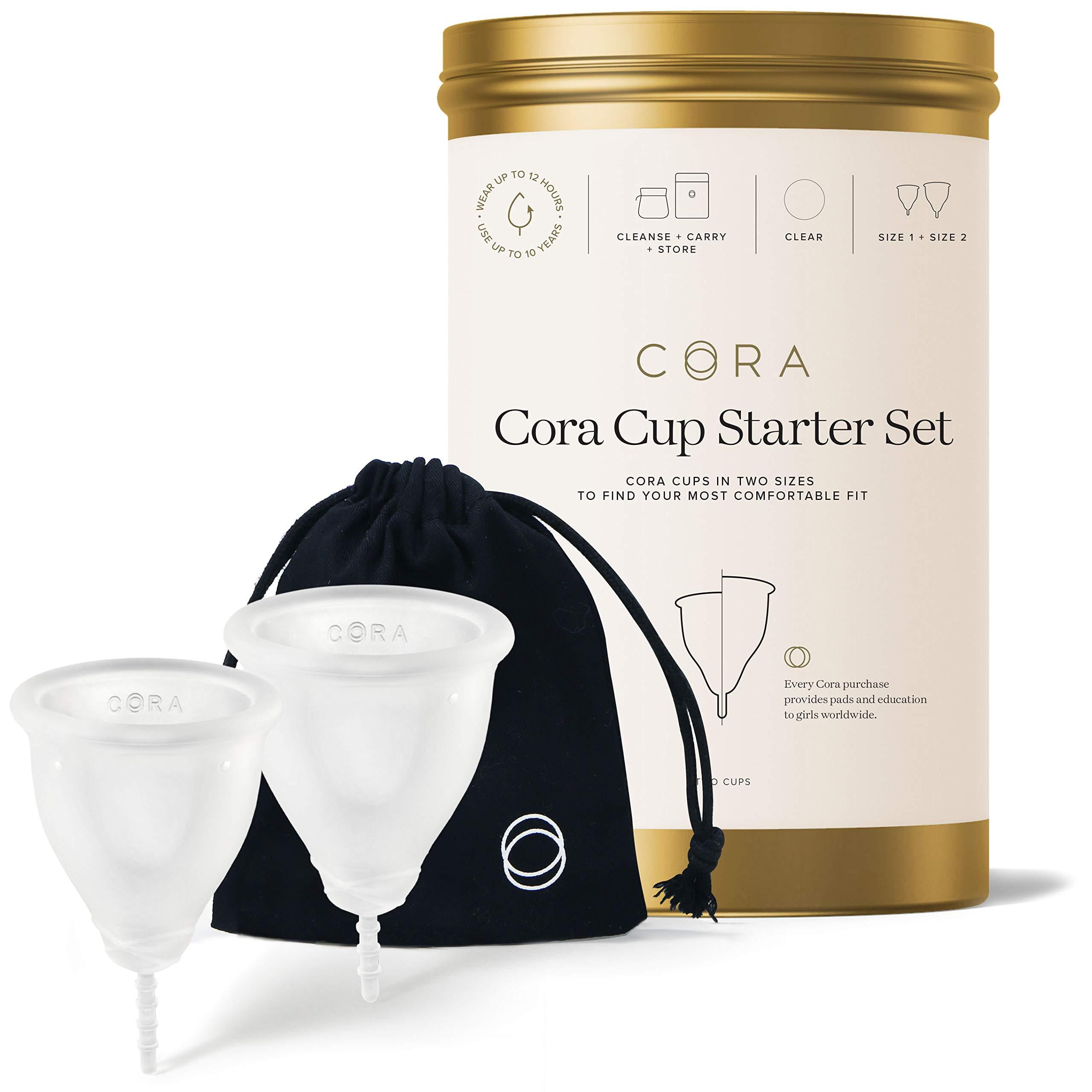 Cora Menstrual Cup Bundle, Reusable Period Cup - Ultra-Soft, Comfortable &  Leak-Proof Medical Grade Silicone - Tampon and Pad Alternative (Size 1 and
