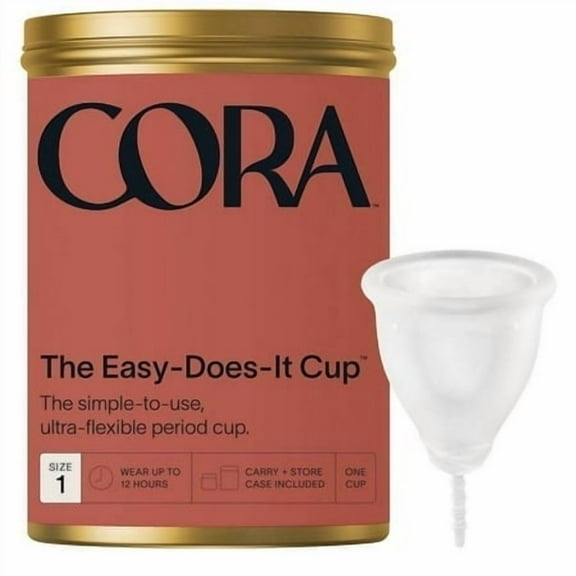 Cora Menstrual Cup, Medical Grade Silicone, Clear, 12 Hour Leak Protection, Size 1