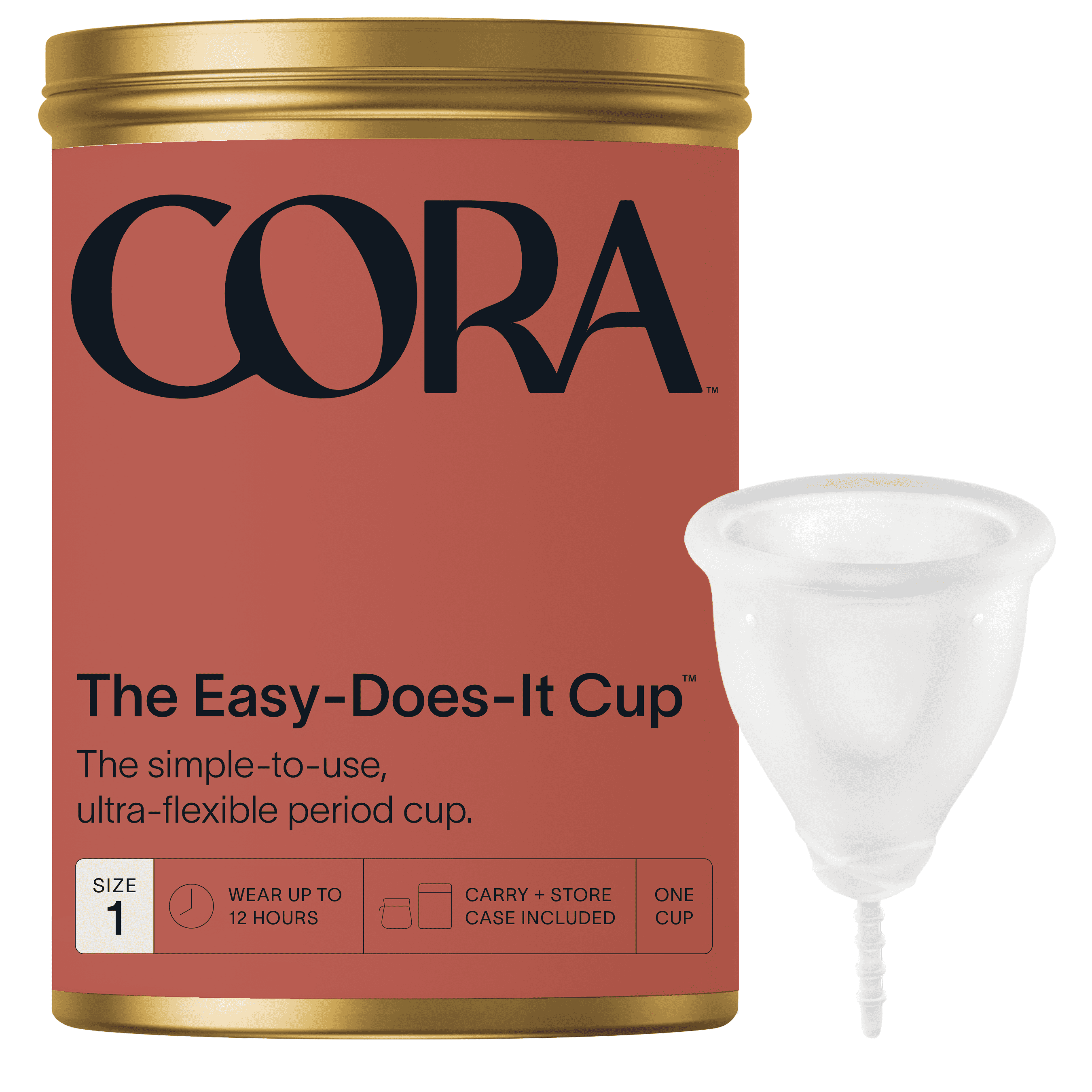 Cora Menstrual Cup, Medical Grade Silicone, Clear, 12 Hour Leak Protection,  Size 1