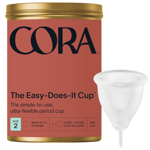 Cora Menstrual Cup, Medical Grade Silicone, Clear, 12 Hour Leak Protection, Size 2