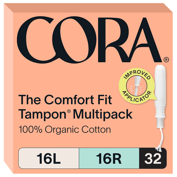 Cora 100% Organic Cotton Applicator Tampons, 16 Light / 16 Regular, 32 Count