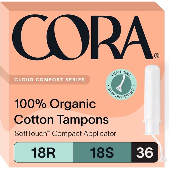 Cora Organic Applicator Tampon , 18 Regular and 18 Super Absorbency , 100% Organic Cotton, Unscented, BPA-Free Applicator , 36 Total packaging may vary.