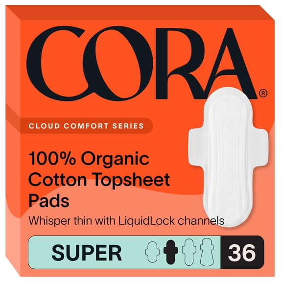 Cora Period Pads with Wings | 100% Organic Cotton Topsheet | Super Absorbency | Ultra-Thin, Ultra-Absorbent Sanitary Pads for Women (36 Count)
