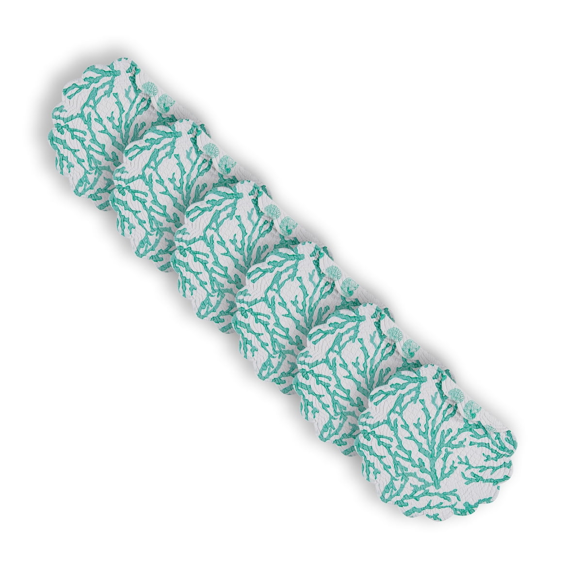 Cora Seafoam Round Placemat Set Of 6 Cotton Quilted Coastal Beach Reversible Machine Washable
