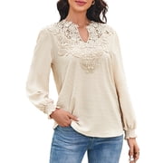 Corabera Blouses for Women Dressy Casual V Neck Lace Flowy Chiffon Blouses Swiss Dots Babydoll Tops Apricot M