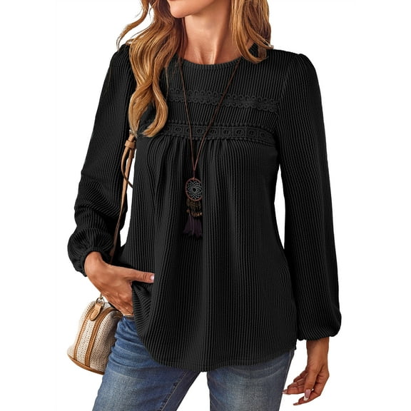 Corabera Plus Size Tops for Women Long Sleeve Tunic Tops Loose Flowy Shirts Crewneck Chiffon Ribbed Black Blouses Boho Clothes XXL