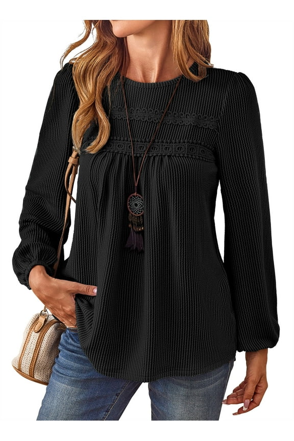 Boho Tops for Women Long Sleeve Fashion Tunic Tops Loose Flowy Shirts Crewneck Chiffon Ribbed Blouses Spring Fall Clothes Black M