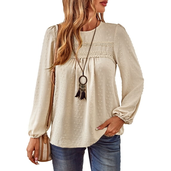 Corabera Womens Plus Size Tops Cute Swiss Dot Flowy Work Blouses for Women Boho Pullover Round Neck Tunic Long Sleeve Apricot 3XL