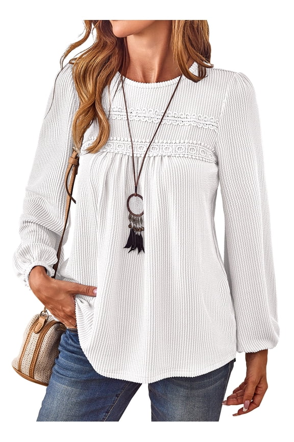 Womens Blouses Dressy Casual Ribbed Boho Tops for Women Crewneck Loose White Flowy Peplum Top Long Sleeve Shirts for Fall