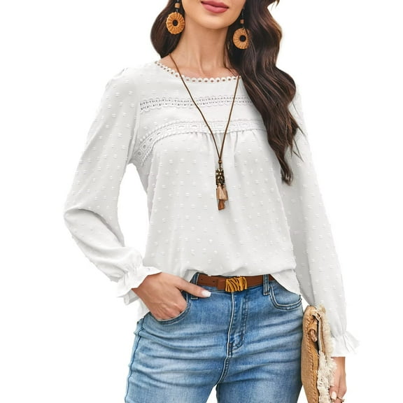 Corabera White Long Sleeve Shirts for Women Fall Tops Crew Neck Smocked Solid Western Outfit Flowy Chiffon Blouses Dressy Casual