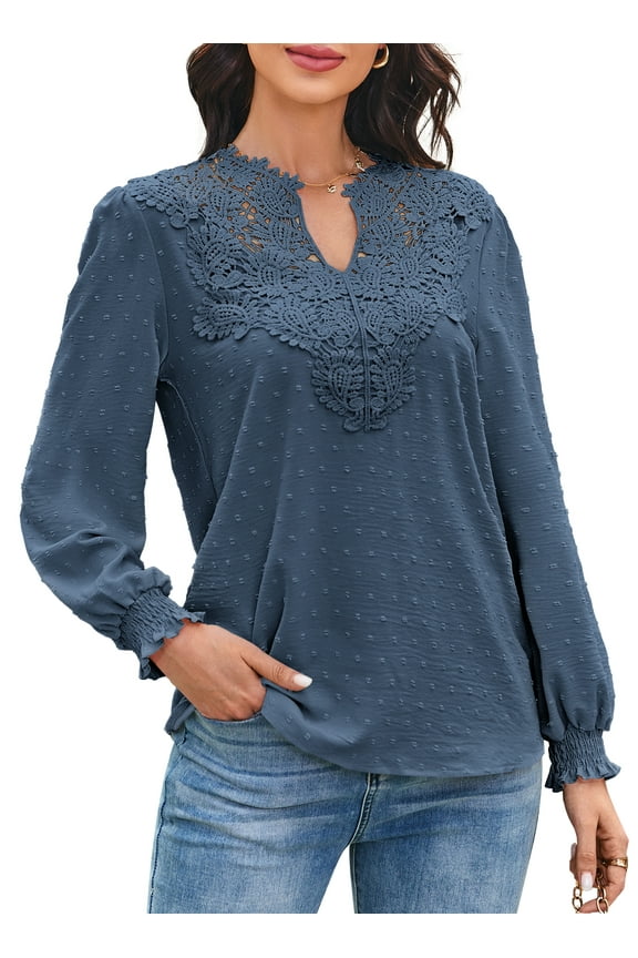 Womens Fall Shirts V Neck Flowy Tops Long Sleeve Peasant Blouses Lace Crochet Babydoll Tops Blue XL